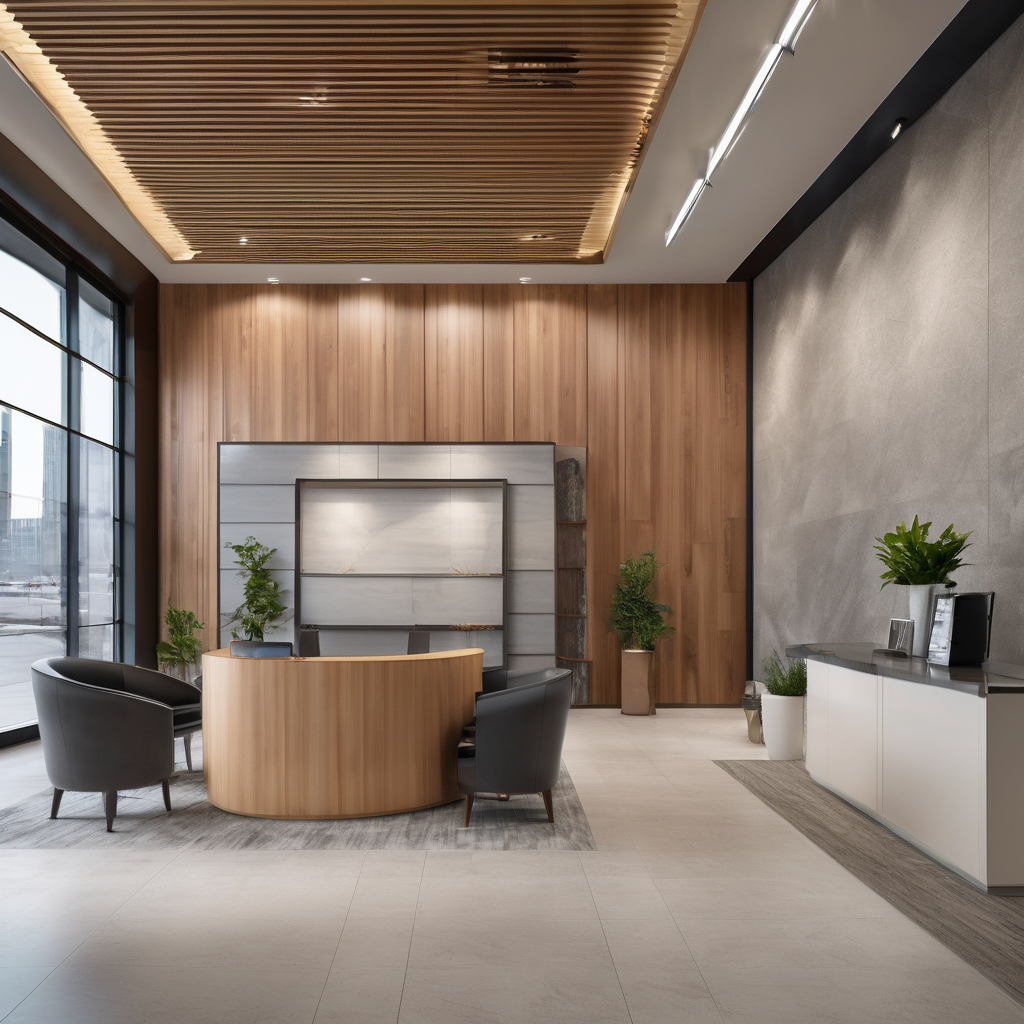 Modern home services company office interior with reception area showing roofing and siding material samples
