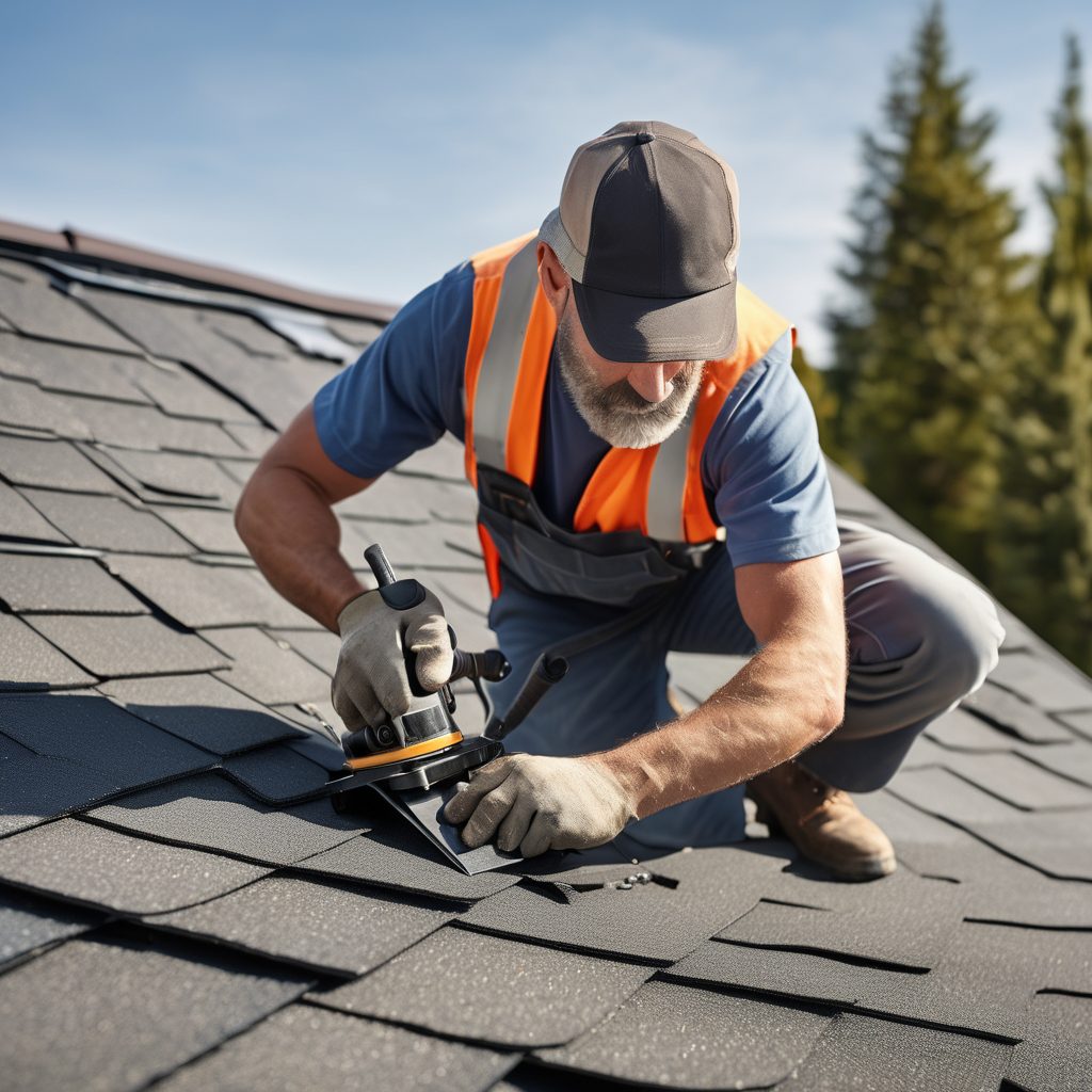 Roofer in a safety vest fastening a replacement asphalt shingle